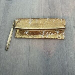 Michael Kors Womens Fold Over Clutch Gold Silver Sequin Bling Glam Wristlet
